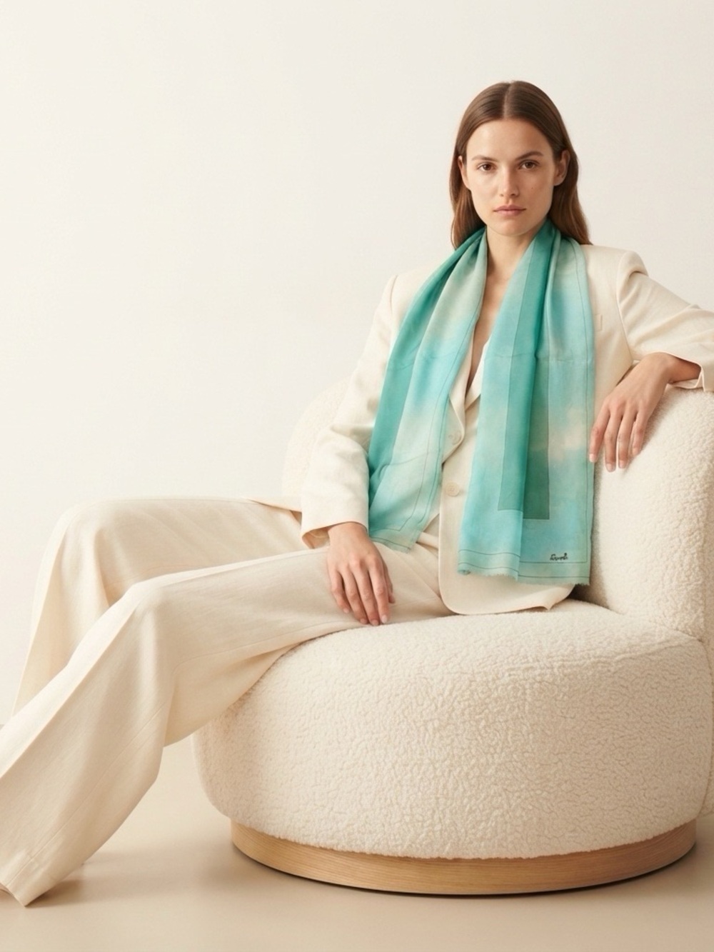 2043 - Silk 100% Teal Ombre Scarf - Women Accessories
